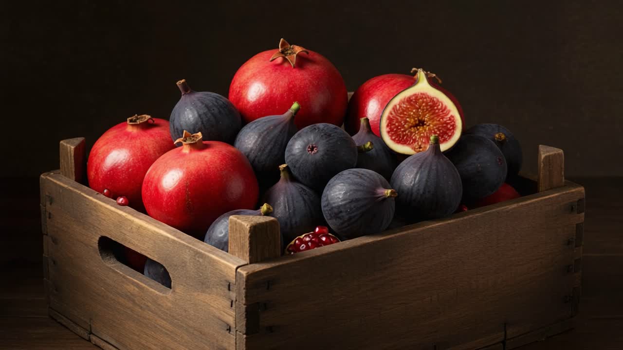 En Overdådig Kurv med Friske Granatæbler og Figner, der Viser Naturens Skønne Farver og Teksturer, Perfekt til Sæsonbestemte Festligheder og Sund Kost