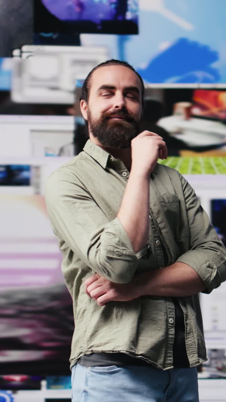 Vertical Video Young adult examines an user interface with multiple social media platforms