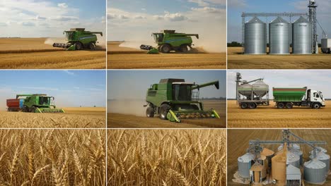 a comprehensive overview of modern agricultural machinery and storage systems in action during wheat harvesting