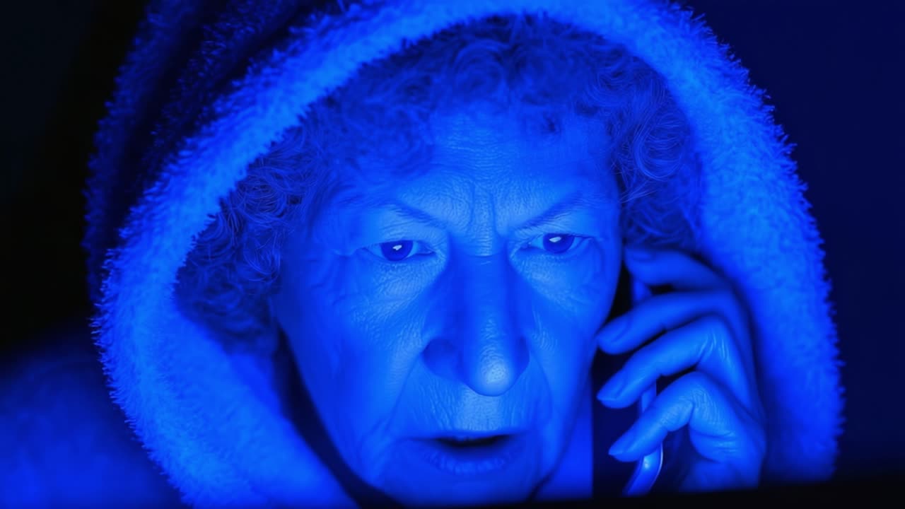 Un momento intenso di connessione: Una donna anziana con un maglione con cappuccio si impegna in una conversazione profonda, immersa in una misteriosa luce blu, a significare il peso emotivo e il coinvolgimento.