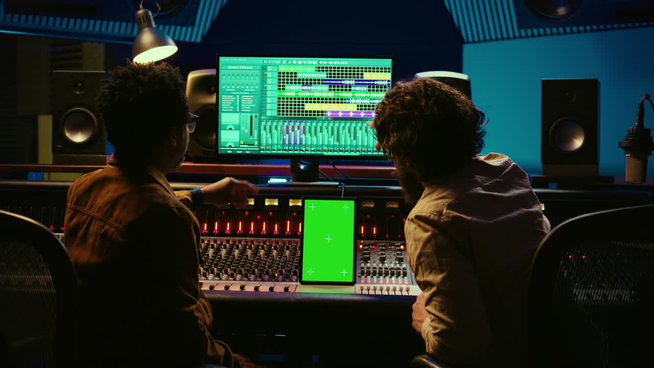 Team of producer and artist use tablet with mockup display in studio