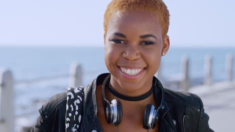 black woman, face and happy smile at beach
