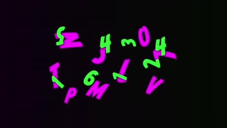 Neon-random-numbers-and-alphabets-moving-and-changing-against-black-background