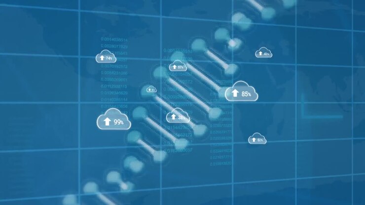 Animation of clouds with numbers over graphs and data on blue background