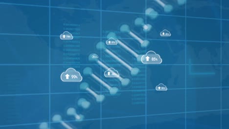 Animation-of-clouds-with-numbers-over-graphs-and-data-on-blue-background