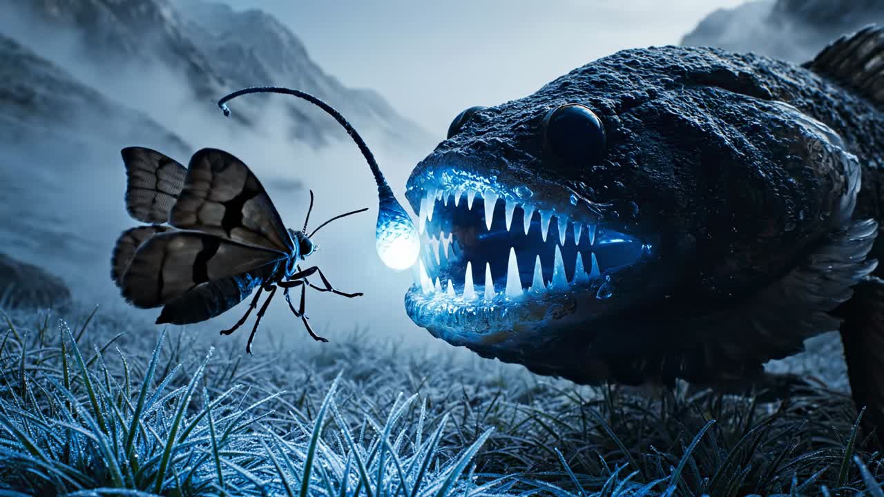 Bioluminescent Anglerfish Creature Lures and Catches a Moth in a Misty Mountain Landscape