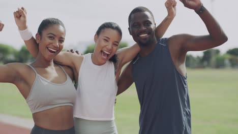 4k video footage of a diverse group of runners standing together and celebrating a success