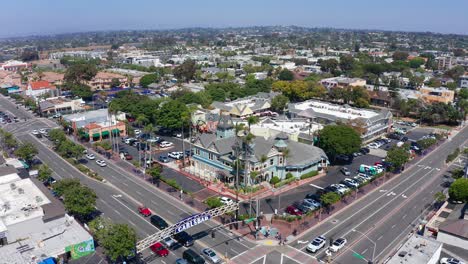 drone shot over carlsbad city in california with houses and streets, america