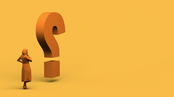 Concept of doubt with question mark turning and woman looking. Loop. 3D illustration. Copy space.