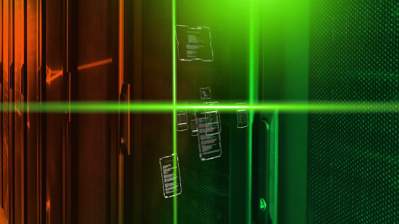 Animation of green scanner beams, networks and interfaces processing data over server room