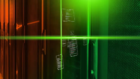 animation of green scanner beams, networks and interfaces processing data over server room