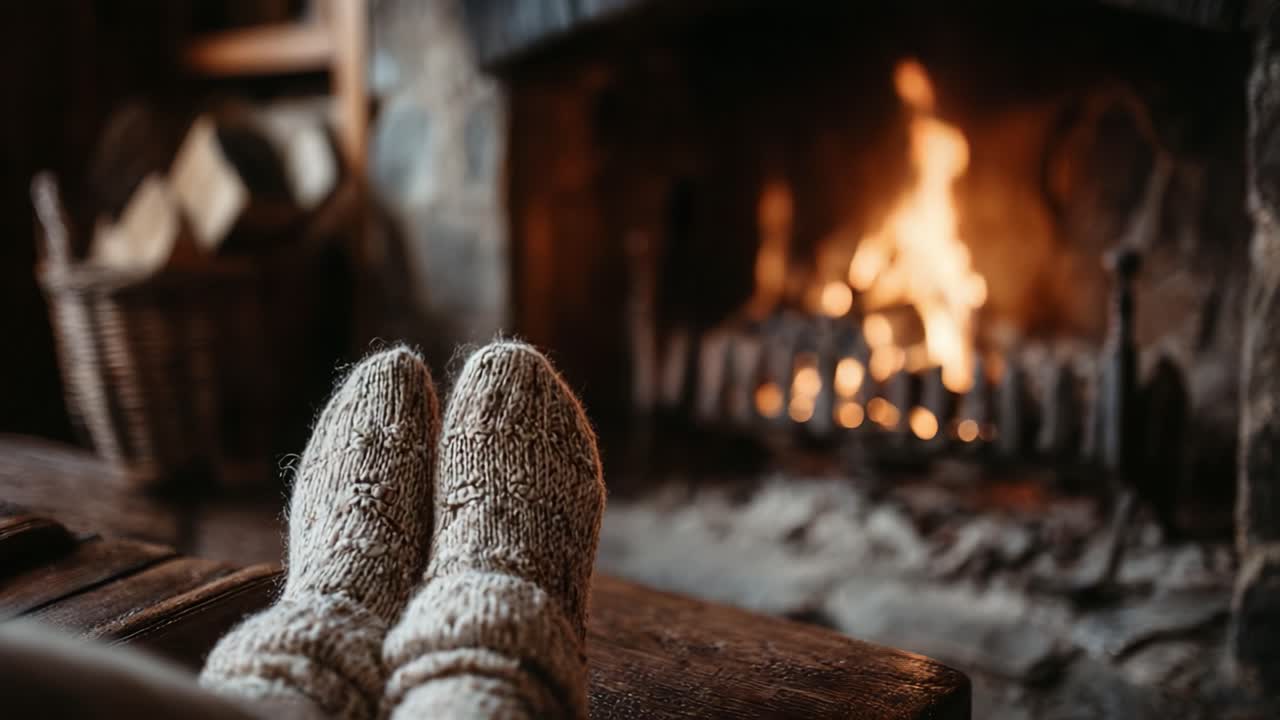 Cozying Up by the Warm Hearth: A Serene Moment Captured with Feet Relaxed in Knit Socks, Fire Crackling Comfortably in the Background
