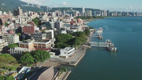 panoramic aerial establishes tamsui promenade with sweeping view of skyscrapers in taiwan