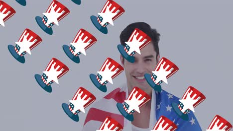 multiple american flag design hat icons against caucasian man with usa flag wrapped around him