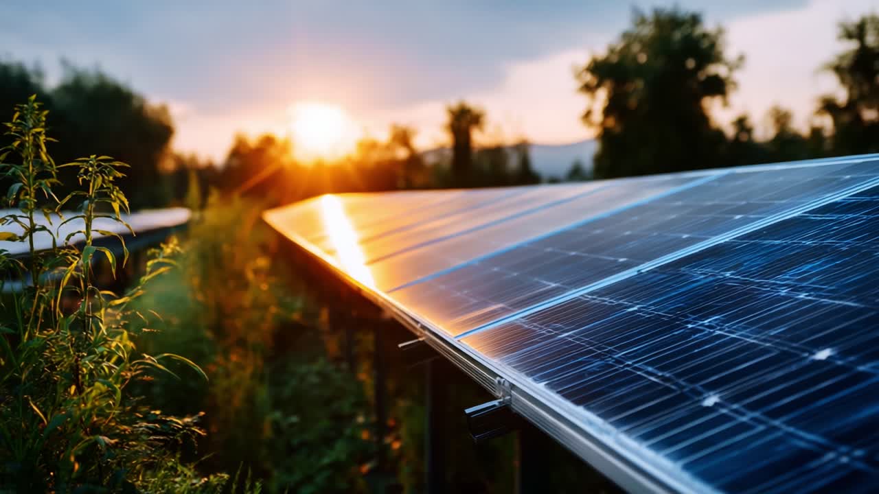 Tramonto su pannelli solari: sfruttare l'energia rinnovabile con riflessi e natura in un ambiente sostenibile