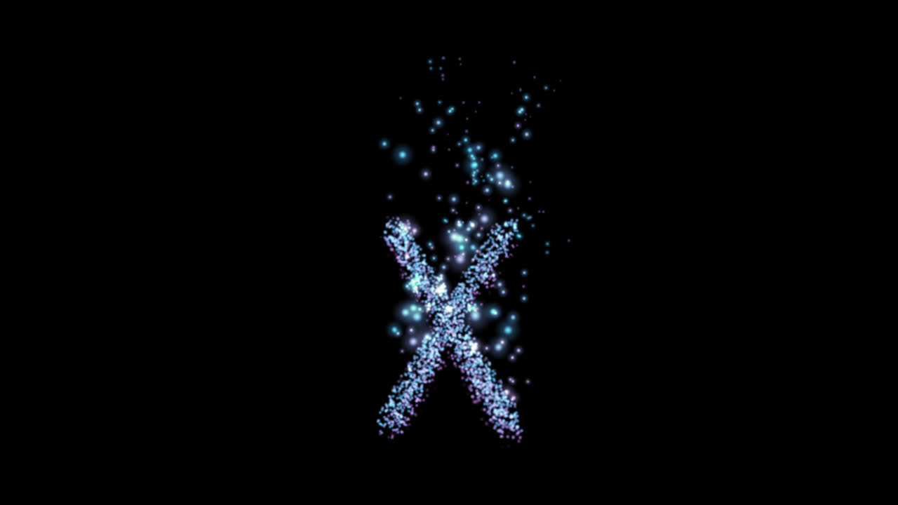 Lettera X con particelle blu luminose su sfondo trasparente