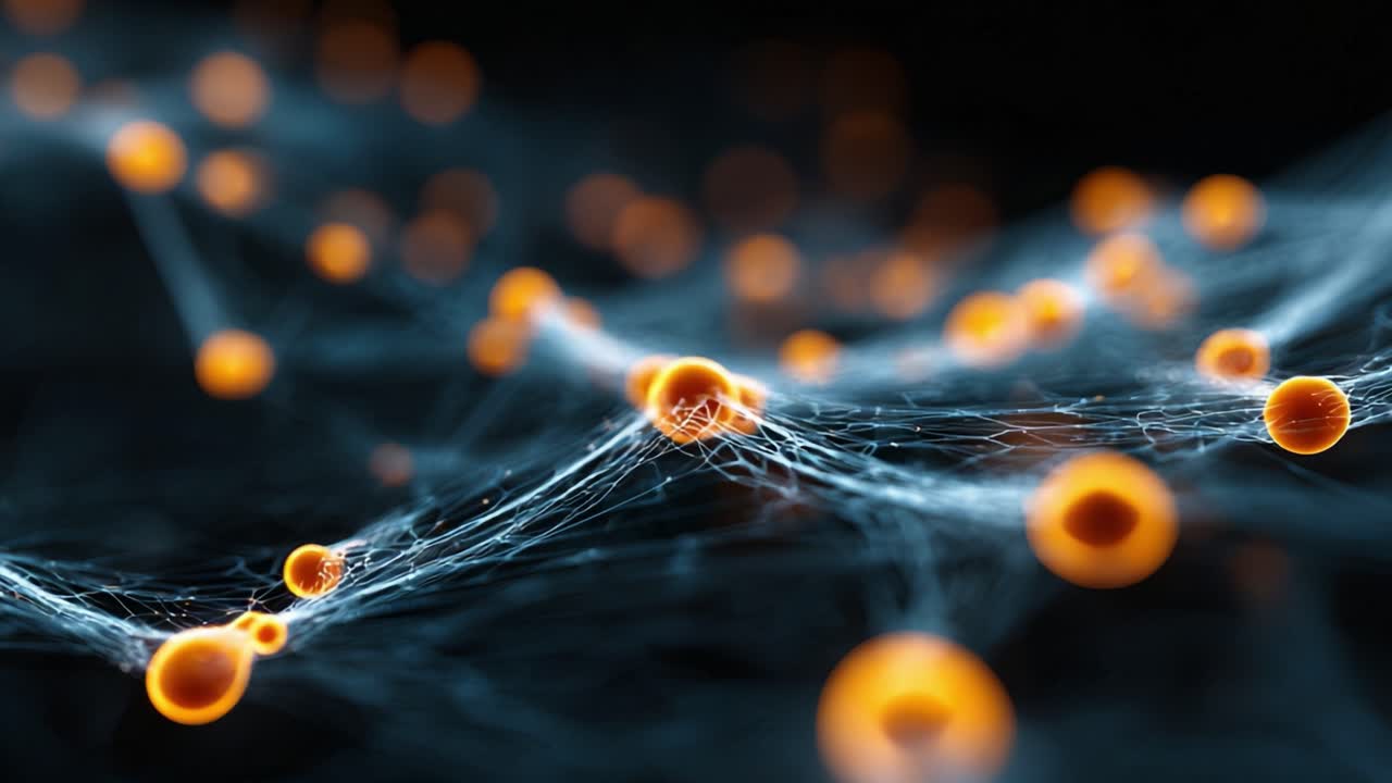 Glowing orange particles connected by a web like mesh, representing a concept of technology, science, or communication, moving slowly on a dark background with a shallow depth of field