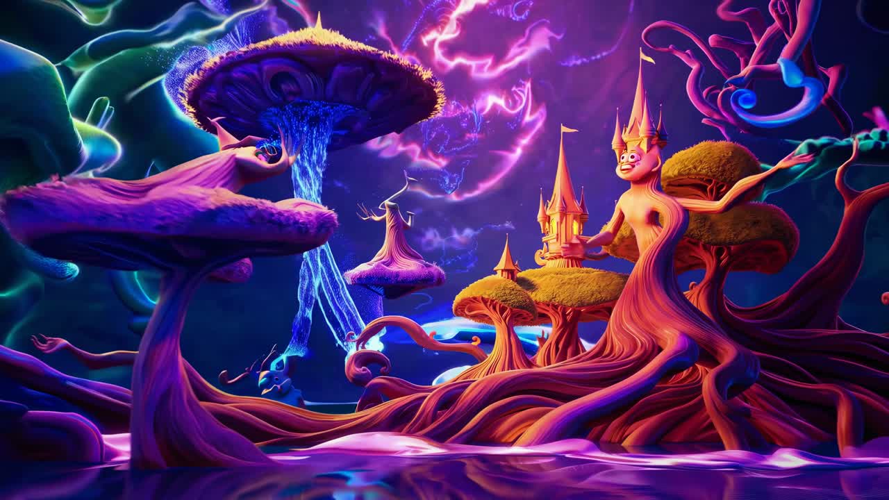 Un paesaggio fantasy surreale e vivace con colori neon e alberi stravaganti