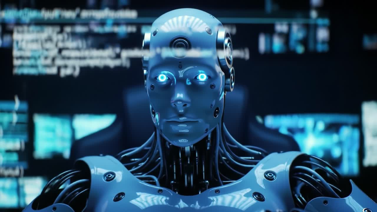 A futuristic humanoid robot interacts with digital data, showcasing advanced artificial intelligence and machine learning capabilities in a high-tech environment