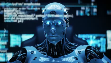 a futuristic humanoid robot interacts with digital data, showcasing advanced artificial intelligence and machine learning capabilities in a high-tech environment