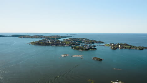 aerial, drone shot of the suomenlinna fortress island, sunny, spring day, in helsinki, uusimaa, finland