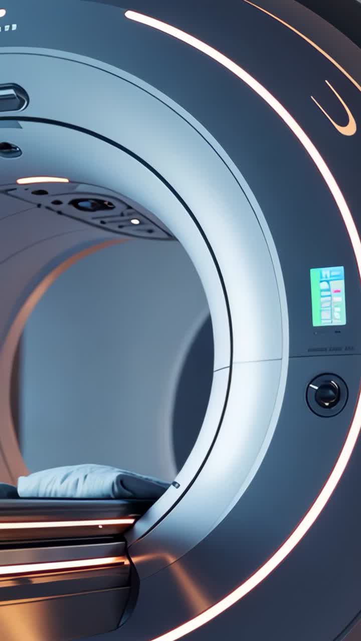 Video verticale: Tavolo scorrevole per paziente che entra nel foro della risonanza magnetica in una clinica dopo il comando del pannello, con strisce LED