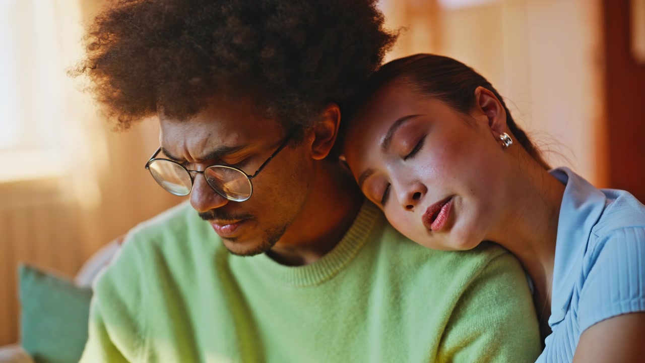 Woman leaning head shoulder upset boyfriend. Close up comfort care home sofa.