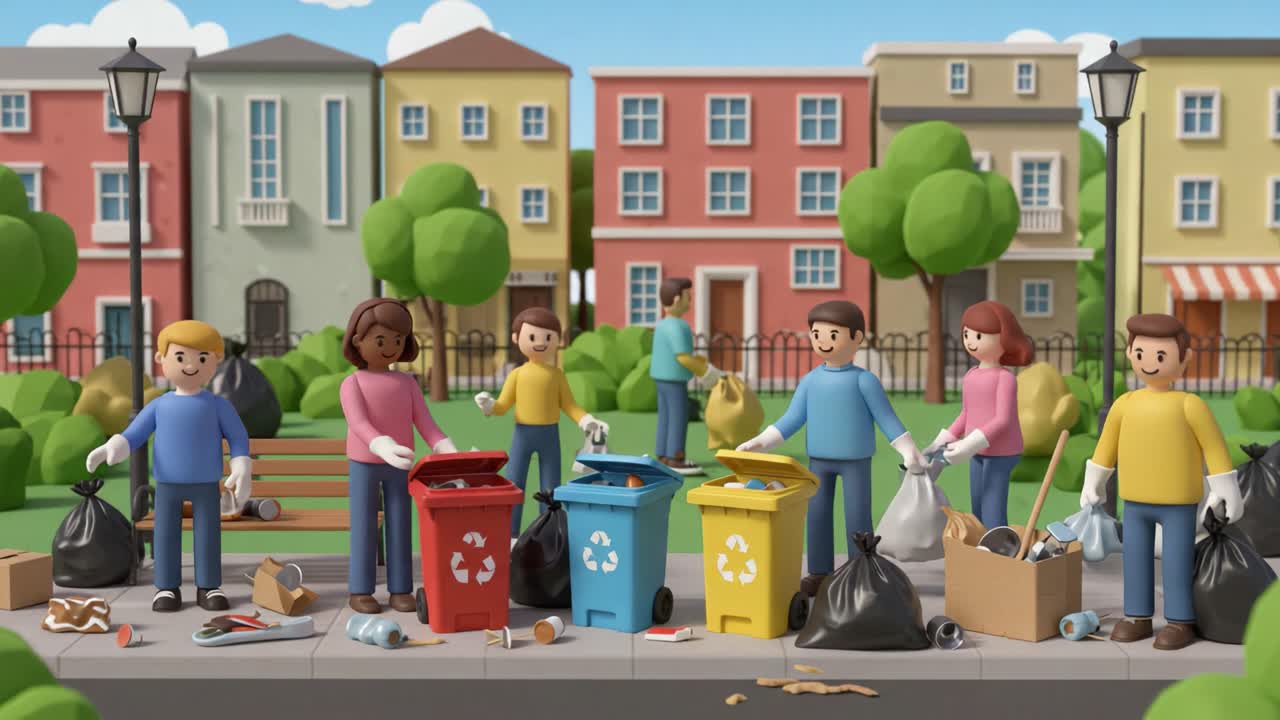 Community Cleanup Effort: Animated Characters Gather to Remove Trash and Recycle Waste in a Vibrant Neighborhood Setting, Promoting Environmental Awareness and Teamwork