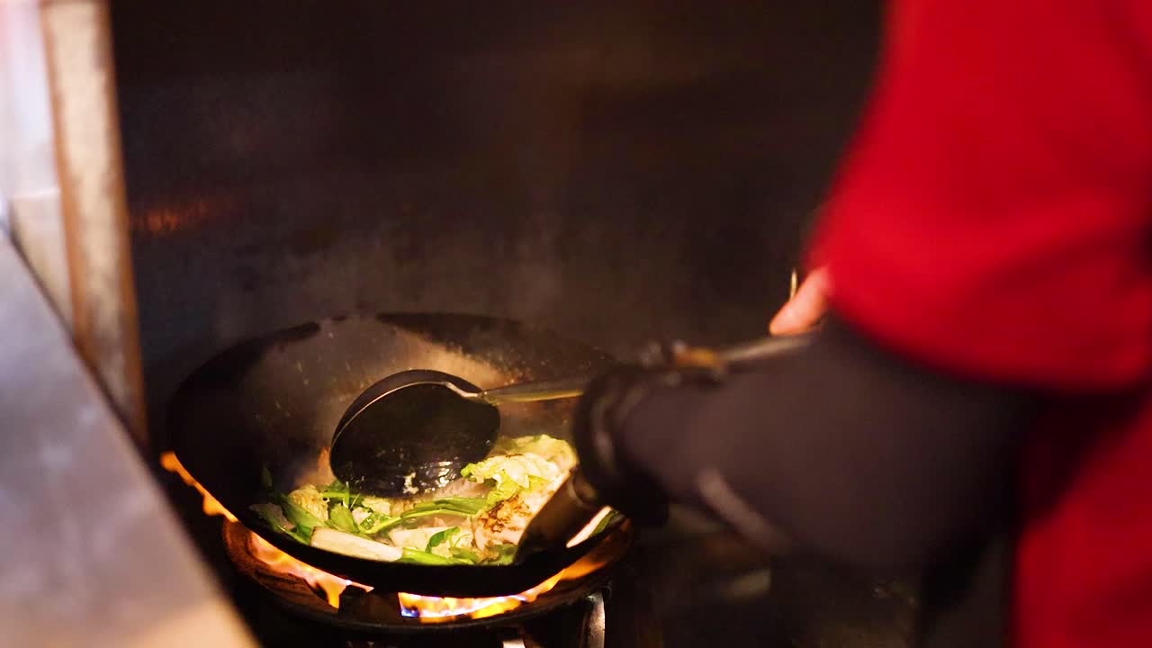 Cook prepares stir-fried sukiyaki in hot wok, vibrant street kitchen, warm lighting, dynamic movement