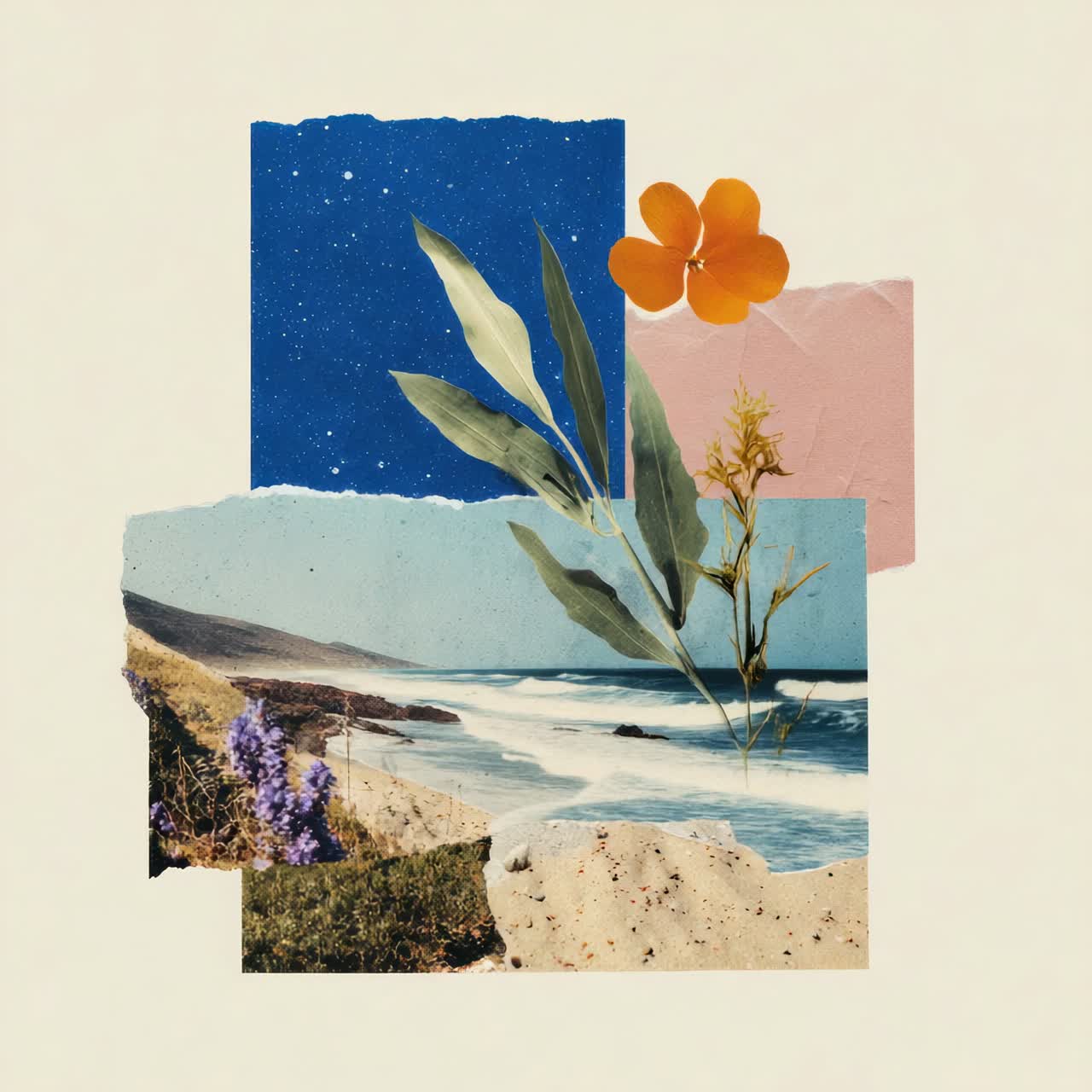 A vintage collage with torn paper layers, blending nature and night sky