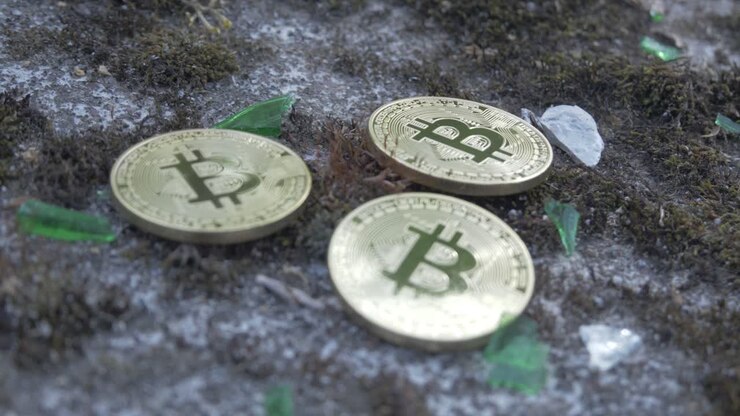 Tre Bitcoin fisici dorati tra frammenti e muschio.
