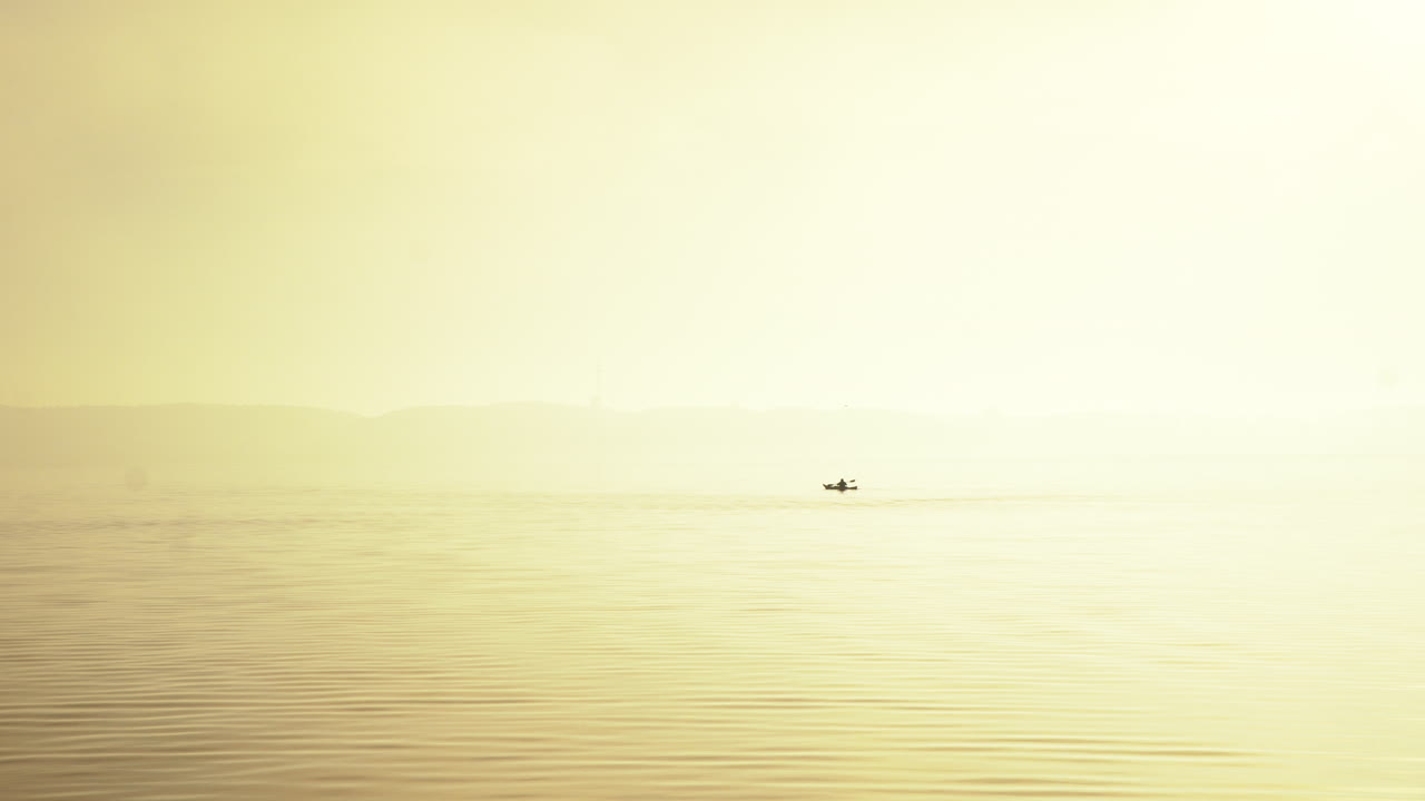평화로운 베이 실루엣 4k 와이드 샷에서 아름다운 안개 낀 아침에 카약을 젓는 남자