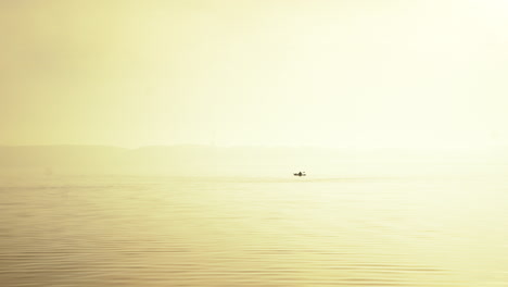 Man-Paddling-Kayak-On-Beautiful-foggy-Morning-in-peaceful-bay-Silhouette-4K-Wide-Shot