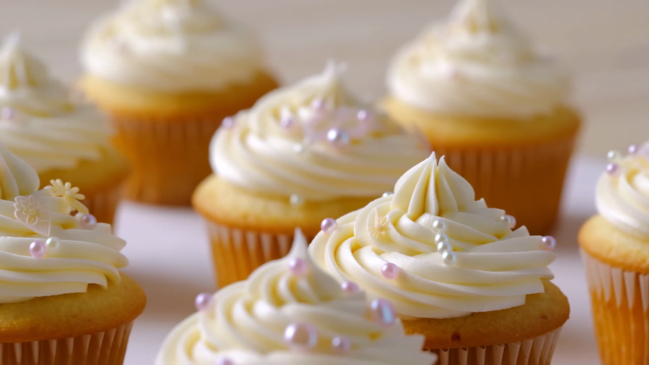 Closeup Vanilla Cupcakes With Buttercream Swirls, Pearl Sprinkles On Golden Cakes, Soft Natural Light, Shallow