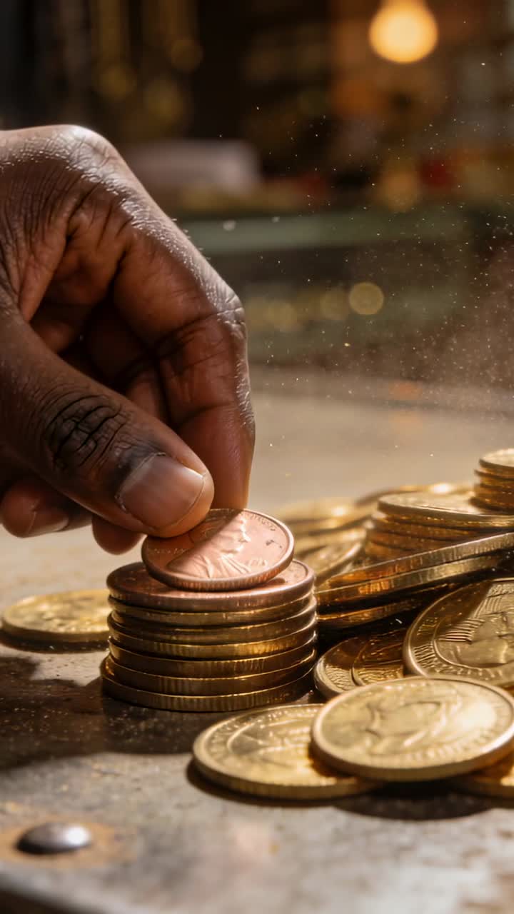 Vertical video: Right hand entering frame, pinching penny and placing it on coin stack for finance