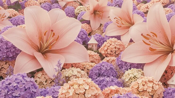 Uno spettacolo affascinante di gigli vivaci circondati da fioriture rigogliose: un incantevole paesaggio floreale pieno di petali splendidi e pura bellezza.