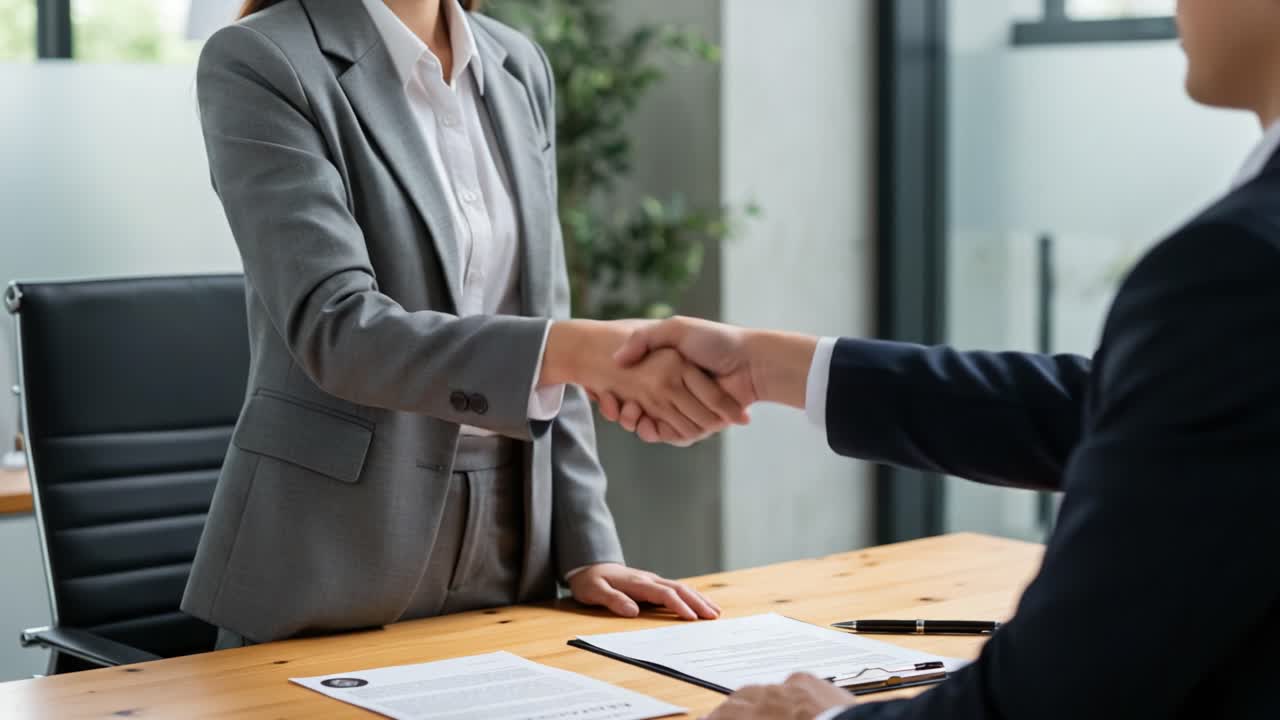 A professional collaboration initiated through a handshake, signifying an agreement and mutual understanding between business representatives in a corporate setting
