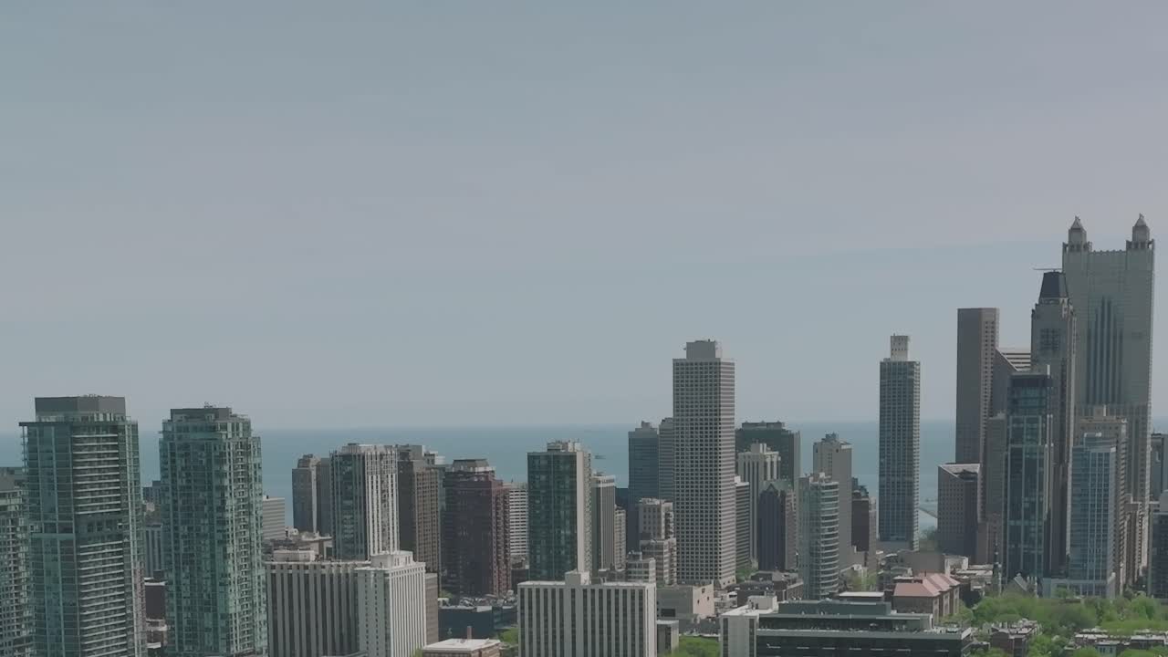 Aerial view of Chicago skyline with lake in the background
