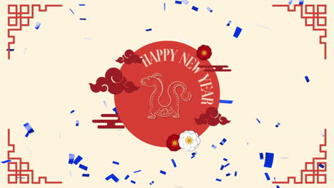 animation of happy new year text, dragon symbol and chinese pattern on yellow background