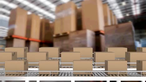 Animation-of-cardboard-boxes-on-conveyor-belts-in-warehouse