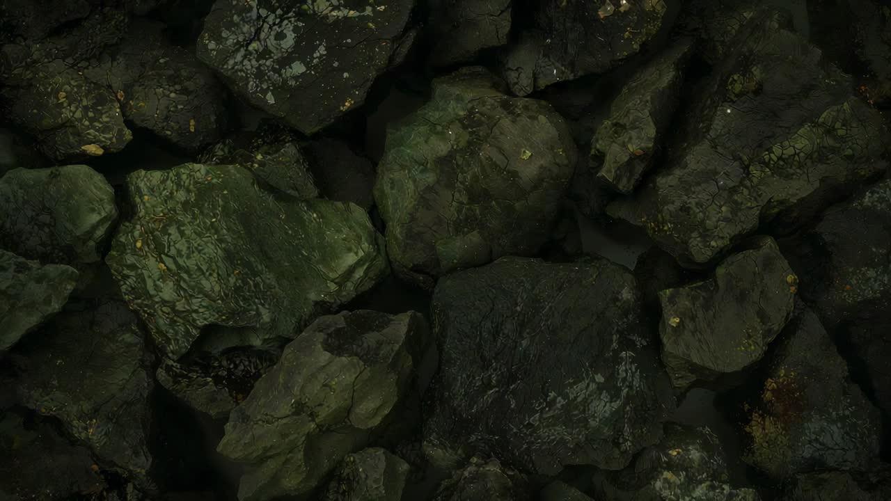 Recording camera stabilizing, shifting over coastal dark rocks with green algae and pale deposits