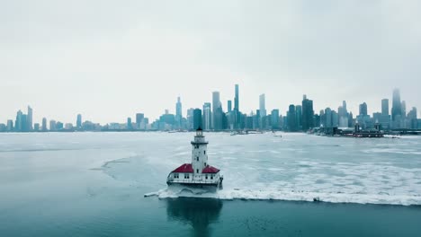 powerful aerial of winter chicago from chicago harbor light point of view 4k