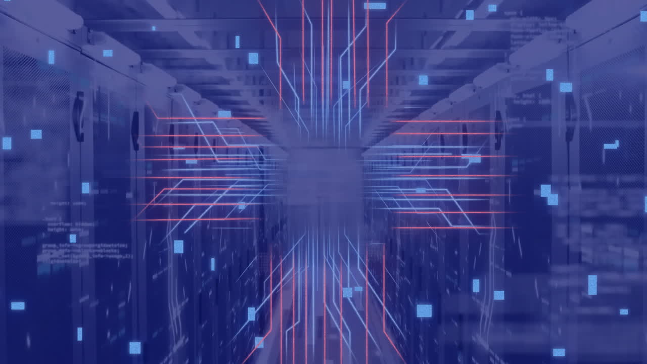 Animation of circuit board and data processing over computer servers