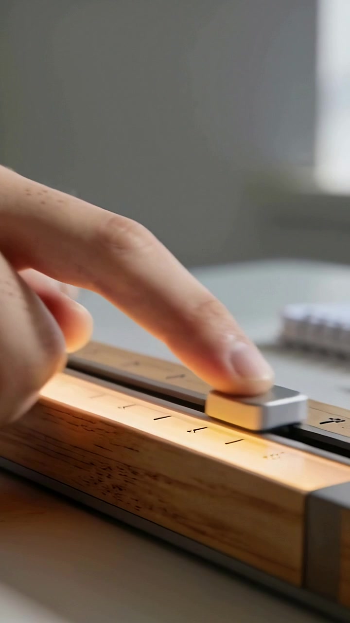 Vertical video: Pressing right hand adjusting metal slider along wood rail at desk lit strip, cuff