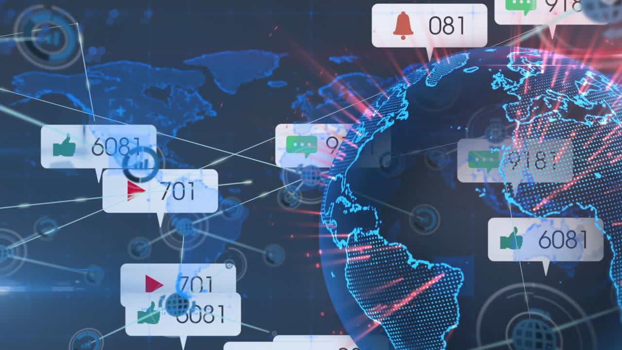 녹색 세계 위에 연결 및 아이콘 네트워크와 함께 지구의 애니메이션