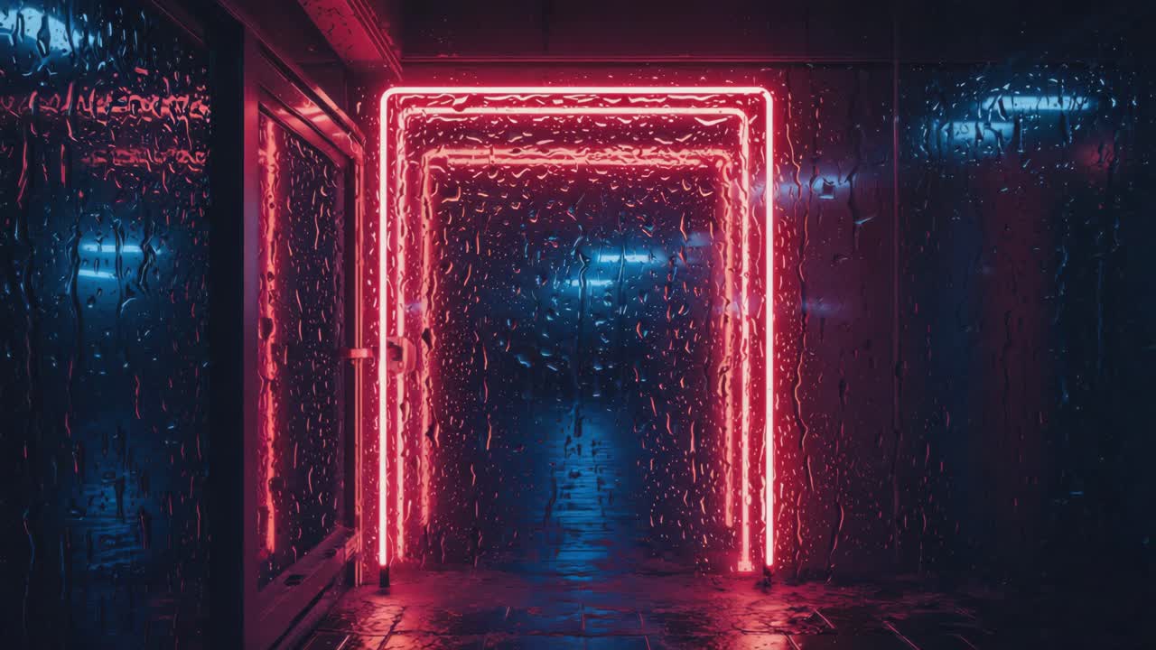 A neon red portal