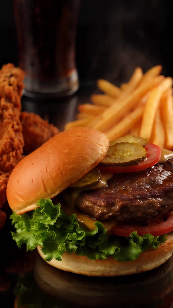 Hamburguesa 4K de comida rápida con pollo frito crujiente y patatas fritas, fondo cinematográfico