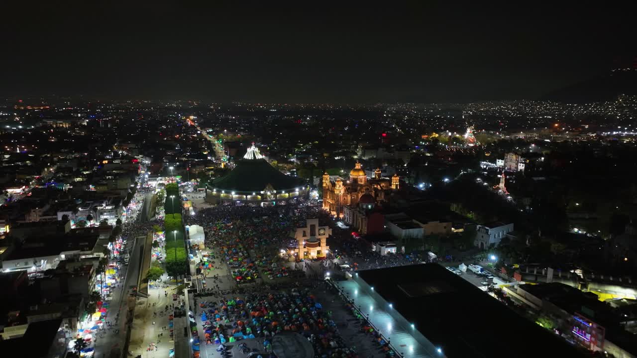 AERIAL: Basilica Guadalupe and the Barroque of Santa Maria, night in Mexico