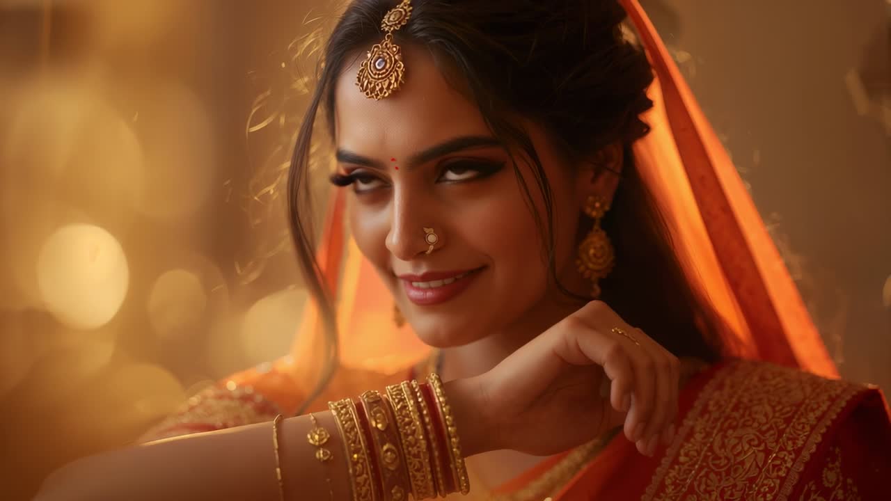 Sposa che tiene il braccio, solleva il mento e guarda la camera, inquadratura per ritratto in studio che mostra braccialetti d'oro