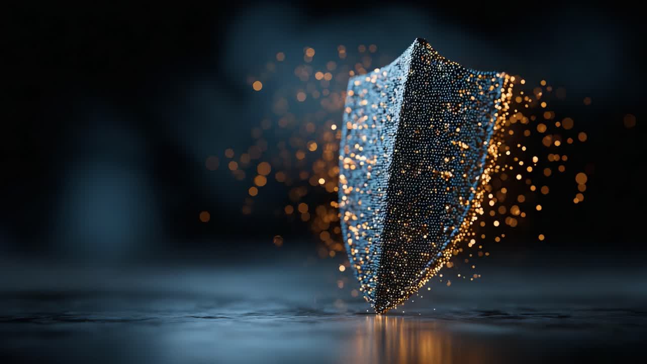 A Stunning Visualization of a Shield Gradually Forming from Particles, Highlighting Concepts of Protection and Resilience in a Dynamic, Artistic Environment